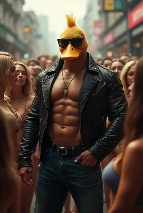 A crowd of women amazed by the famous bodybuilder duck, hyper muscular duck, bodybuilder duck, Duck in sunglasses, Very masculine and serious face,  leather jacket