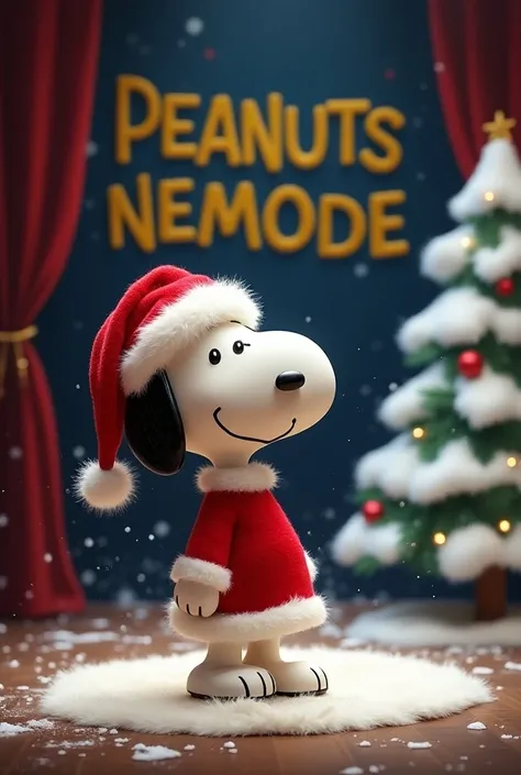 Snoopy dressed as Santa Claus with backstage with LUISA text in Spanish and white Christmas tree background 