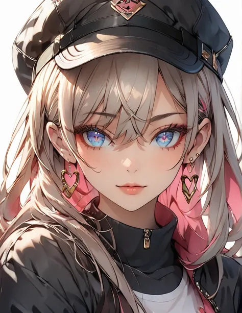  woman wearing a black baseball cap and jacket , The letters （888） are embroidered in gold on the black hat 。 opens a jacket ,   showing her wearing shorts , extremely detailed anime style girl ,  portrait of an attractive anime girl ,  detailed facial fea...