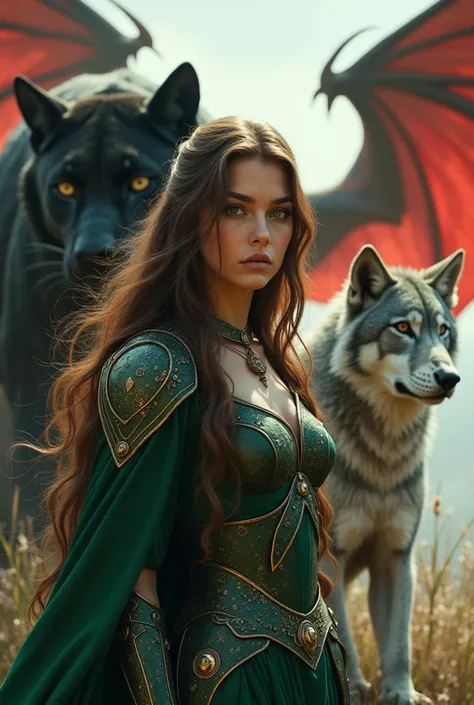 Long-haired girl with long brown hair , honey-brown eyes who wore emerald green armor on her left was a black panther behind her a red dragon and on her right was a silver wolf