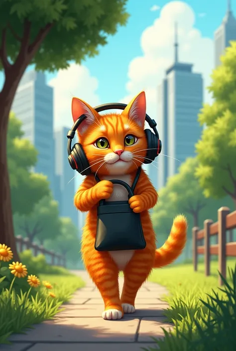 an orange cat is walking in the city park wearing headphones, the cat is carrying a small black bag while it is biting.,