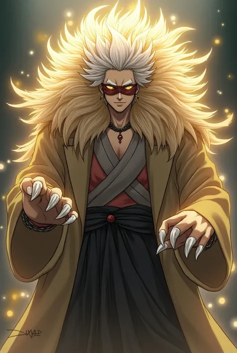 
MImagine Gojo Satoru with his signature white hair and blindfold, but his features gradually blend into those of a majestic lion. His eyes, usually hidden behind his blindfold, now shine with the fierce, golden intensity of a lions gaze. His hair takes on...