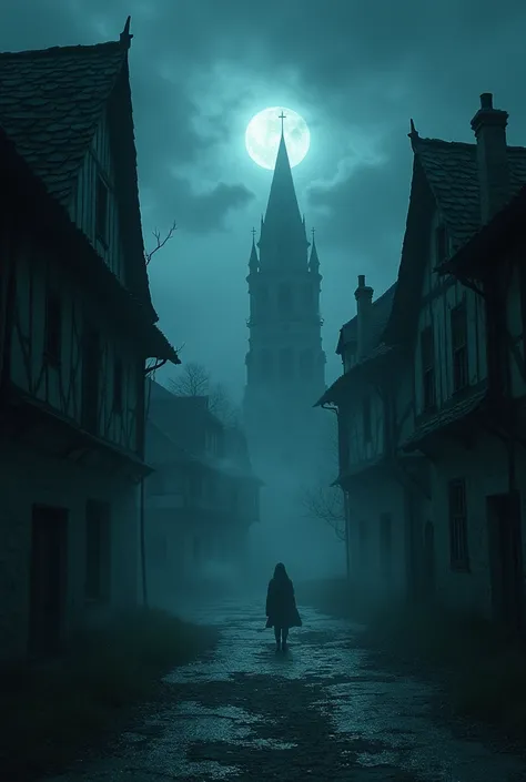 A ghostly village disappearing into the night, with shadowy figures and an ominous sense of a lingering curse in the air.
