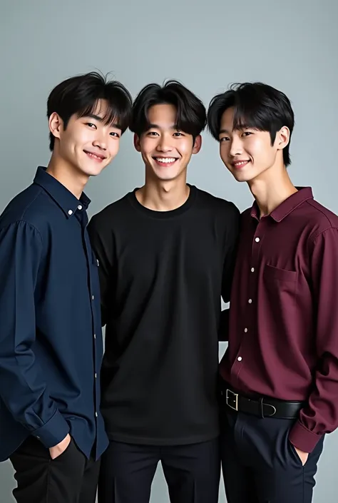  Jungkook wearing a navy blue shirt ,  Jay B wearing a black shirt and Ok Taecyeon wearing a burgundy shirt, The three side by side .  Jungkook and Jay B are smiling ,  and Taecyeon are serious .