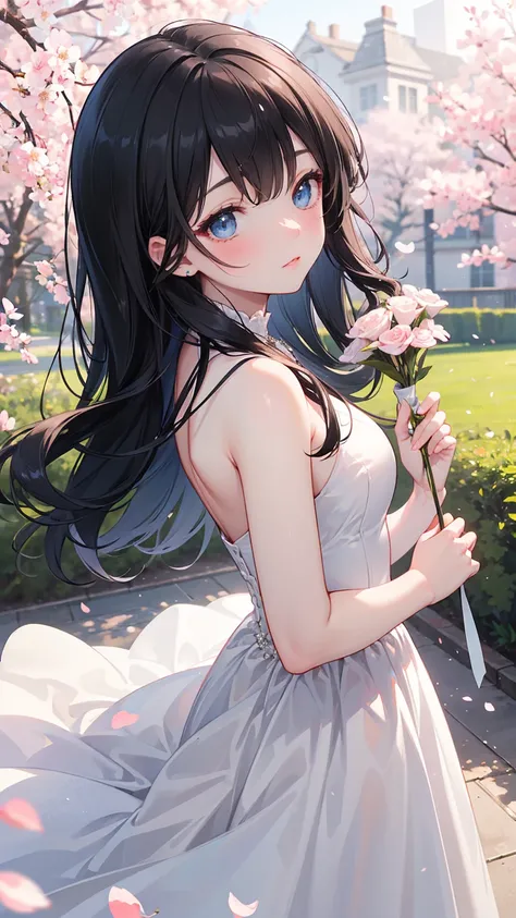    long black straight hair ,    Wedding Dress， white dress,   blue eyes，  Holding flowers  , healthy skin, Outdoor scenery, Cherry Blossoms Flying,  Bright natural light    ,    The sun shines in from the top left,  A warm and gentle atmosphere , Side Ang...