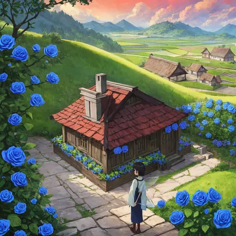 Masterpiece, high quality, a beautiful picture depicts a fairy tale world about green, rose hut, fairyland, terraced fields around the house, blue rose flowers, green rice fields, red sky, grey clouds, Hayao Miyazaki, perfect sy symmetrical composition, st...