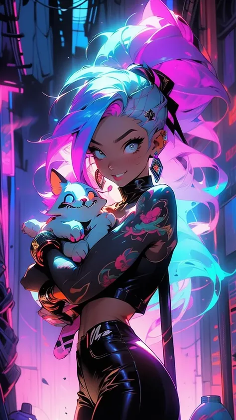 Score_9, score_8_up, score_7_up, A whimsical illustration of Jinx, the playful troublemaker from League of Legends. Framed in a warm, golden light, Jinxs mischievous grin spreads across her face as she holds a toy bomb in one hand and a wicked-looking axe ...