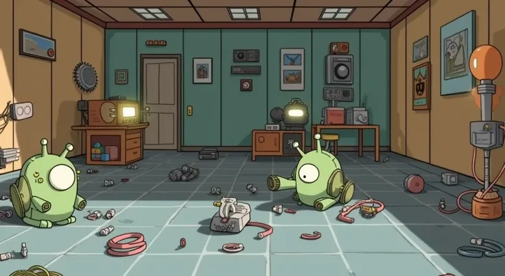 bunch of random scifi gadgets on the floor, sci-fi gadgets, sci-fi, futuristic inventions, high tech gadgets, inventions, neutrino bomb, scientific invensions, style of rick & morty, in rick and morty art style