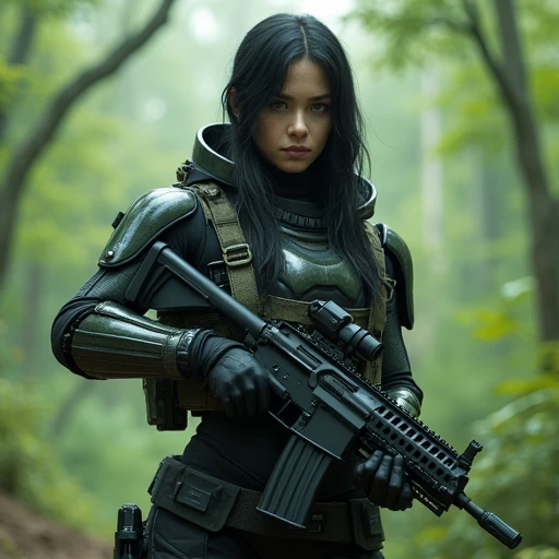 Super soldier from canada  from the future 25-year-old black haired woman wearing a uniform and a futuristic weapon in a hyperrealistic forest , 