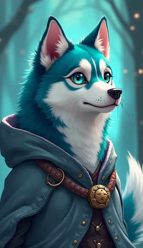 A young mans husky dog, Upper body only, kemono style, Anime,   turquoise eyes ， tricolor turquoise fur 、White and dark blue texture ,  Big Bushy Tail ,   has three colored blue fur with texture 、 wears an old shabby gray magician cloak with decorations, f...