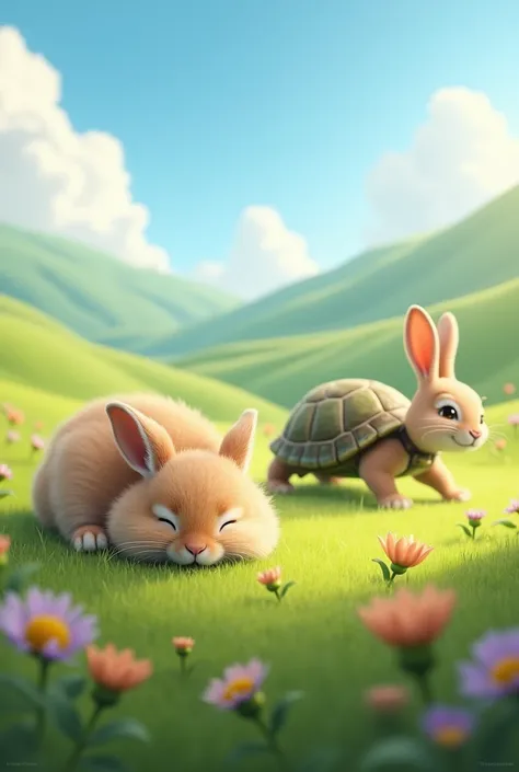 Picture a scene where a rabbit sleeps while a rabbit and a turtle are racing.