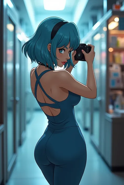 Bulma taking a photo from behind (with her big butt), and turning slightly to the camera 