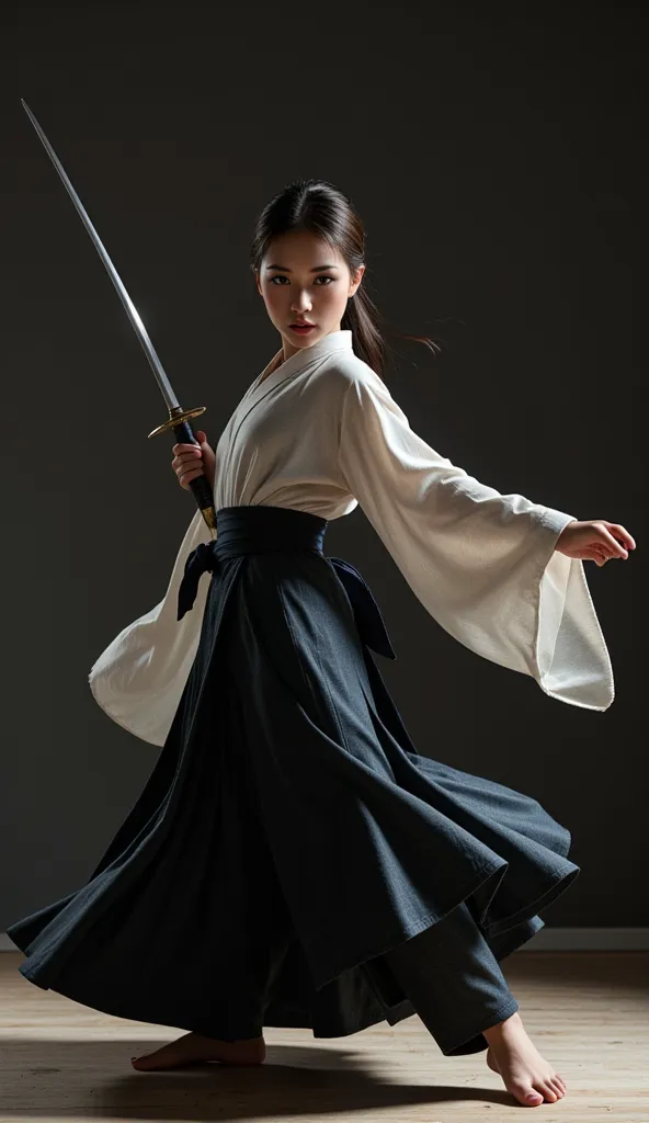 1 japanese female samurai, solo, wearing a kimono and hakama, straw sandals, gripping a razor-sharp japanese katana with a long,...