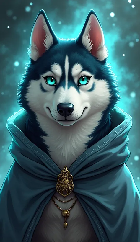 REAL DOGS 、A young mans husky dog, Upper body only, Looking straight ahead、kemono style, Anime,  turquoise eyes ， wears an old shabby gray magician cloak with decorations, fortune teller,  wrapped in a mystical aura 