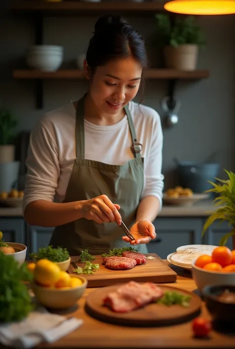  in the first picture ， We are led into a loving one Kitchen ， Here is a mother in an apron ， Her face is filled with tenderness and focus 。 She is carefully preparing a hearty dinner for her beloved husband, our father, an adult。 on the kitchen table ， Th...