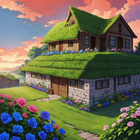 Masterpiece, high quality, a beautiful picture depicts a fairy tale world about green, rose hut, fairyland, terraced fields around the house, blue rose flowers, green rice fields, red sky, grey clouds, Hayao Miyazaki, perfect sy symmetrical composition, st...