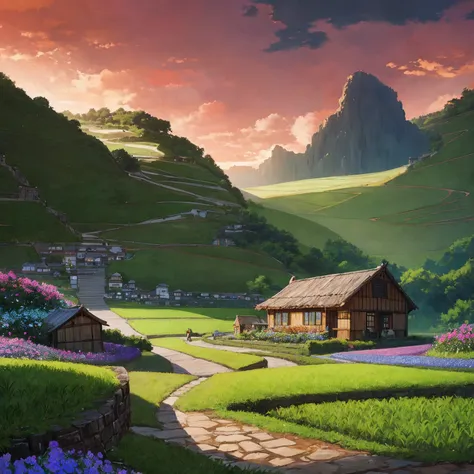 Masterpiece, high quality, a beautiful picture depicts a fairy tale world about green, rose hut, fairyland, terraced fields around the house, blue rose flowers, green rice fields, red sky, grey clouds, Hayao Miyazaki, perfect sy symmetrical composition, st...