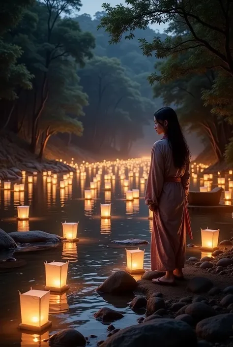 Beautiful night view、 The River That Flows the Lanterns 、A woman flushes a lantern from the riverbank into the river、 River That Reflects the Light of the Lanterns、 quiet night 、 Fantasy、(Best Quality、4K、8k、 Hi-Res、masterpiece:1.2)、Super detailed、( real、 p...