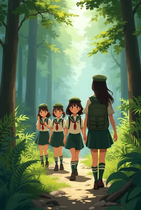 The schoolgirl students with her teacher in the uniform of the scouts are walking in the forest