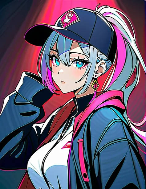  woman wearing a black baseball cap and jacket , The letters （888）There is a logo of。The logo is embroidered in gold。 opens a jacket ,   showing her wearing shorts , extremely detailed anime style girl ,  portrait of an attractive anime girl ,  detailed fa...