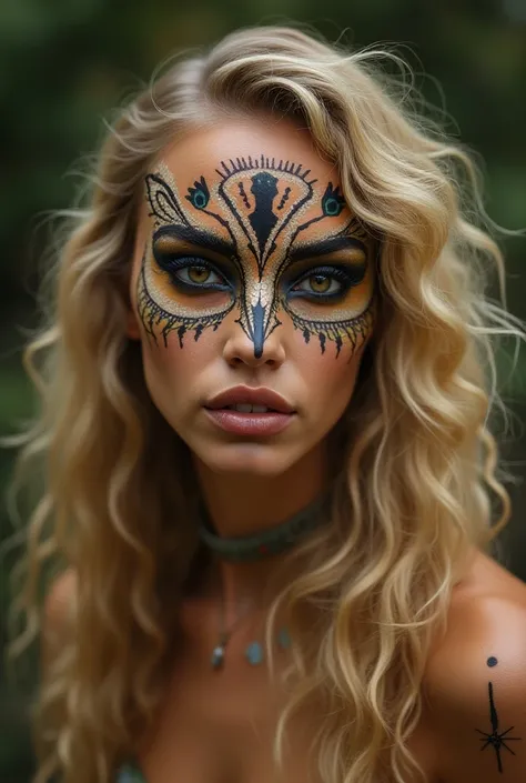 Blonde woman with long, curly hair . With artistic makeup for presentations that is inspired by owls and indigenism 