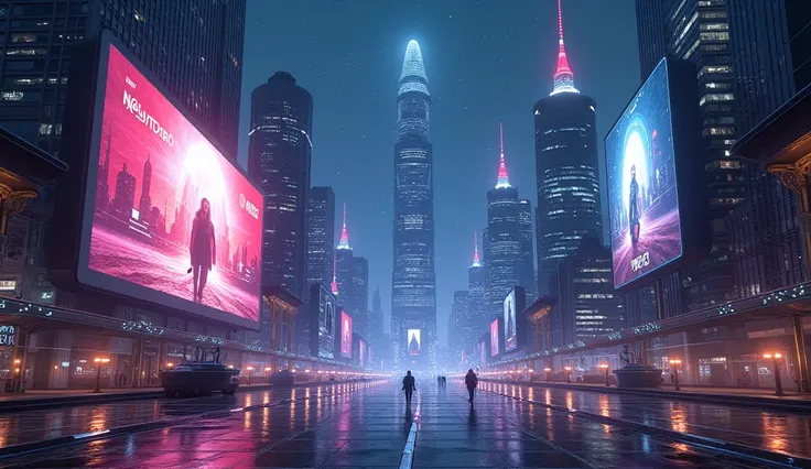 The screen fades from black, revealing a futuristic skyline glowing with neon colors against a dark sky. Towering buildings shimmer with windows and high-tech billboards, projecting images of humanitys achievements.