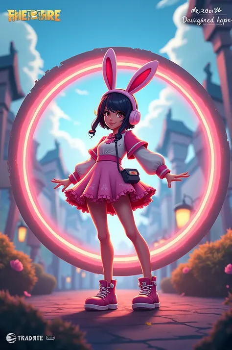 A circle ,  in the middle of the circle is a character ,  style GArena Free Fire ,  wearing rabbit clothes and underneath the circle comes a name, de JOEL YT