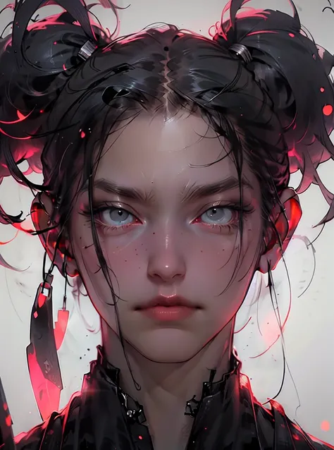 Girl, black, white, View opinion, Red death flowers, detailed eyes, detailed face and body, depressed, He is afraid, sad, Very very detailed, No mistakes, High accuracy, dark clothes, aesthetic, japanese hair, pigtails hair, simple background