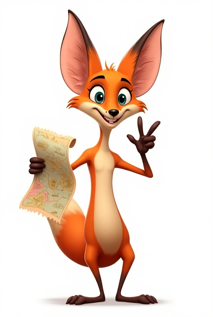 The villain fox from the cartoon  "adventurous dora" holding the map with just one hand and making the silence sign with the other on a white background, no formato de Cartoon 
