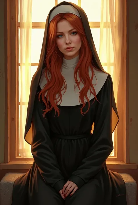  Beautiful 22-year-old girl with red hair, long,  green eyes,  slim build ,  taking a full body selfie ,  sitting in the window of her room ,  smiling,  dressed as a nun, illuminated by the evening sunlight .