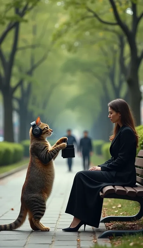 a cat wearing headphones gives a small black bag to a woman dressed all in black sitting in a city park,