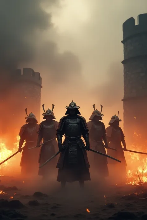 About 5 samurai stand in flames from the foggy castle