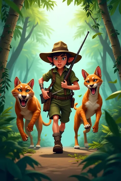 a dog, Ferocious cat and a hunter hunting in the jungle in cartoons