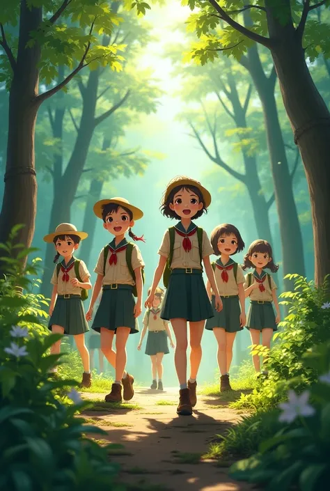 The students and schoolgirls wearing scout uniforms were walking in the woods while shouting 