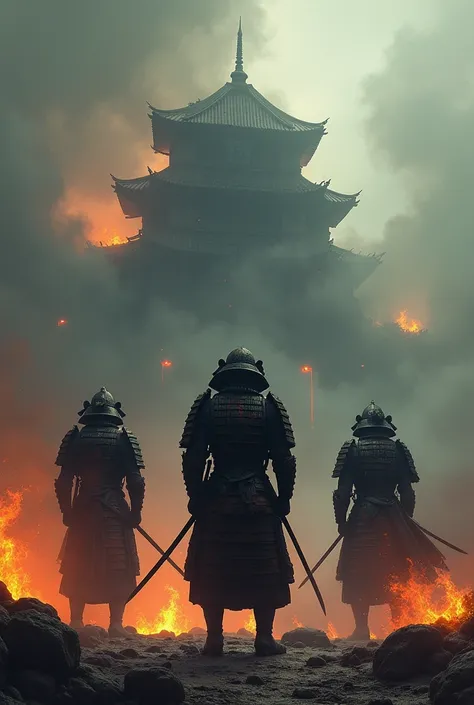 There are 3 samurai standing in flames from a foggy castle