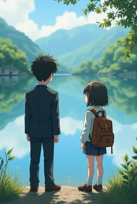 a boy dressed in a suit and a girl in normal clothes and a backpack looking out in front of a lake in Japan