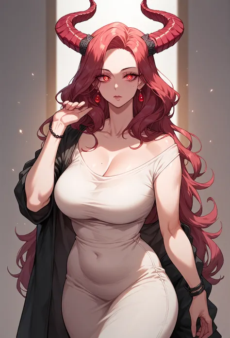 Dragon horns, mixed_artwork style, (detailed eyes), (Mature woman), beautiful woman, medium breasts, blackb long hair, Side bangs, (casual clothes), crimson eyes, mole under eye, huge body, (milf), (neutral Face), Black bracelet