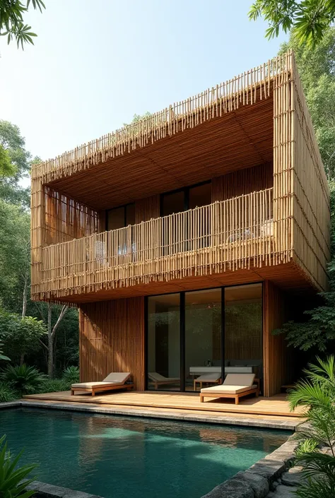 generatea facade of a building made out of bamboo sticks, two storey house with terrace sort of a rest house modern type