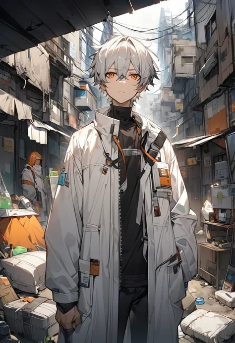 Scientist man 、Long white coat、Orange eyes、 slum