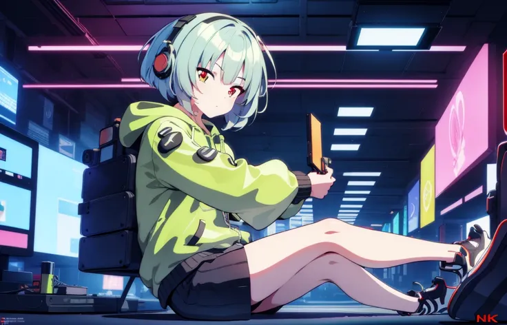 nimé girl with a hoodie sitting in front of a computer, animated style 4 k, cyberpunk animated girl in hoodie, neon.animated, cute hoodie animated girl in room, playing game,  holding game controller , PC Monitor, pattern background ,animated art wallpaper...