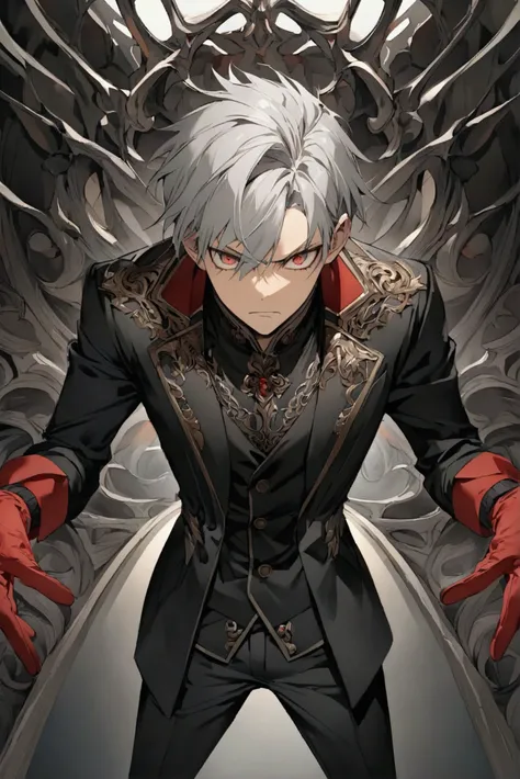 Create an image of a male anime character with gray hair and a black jacket with black pants and white sneakers with red gloves with a serious expression