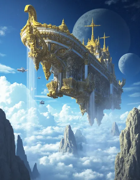 Create an image of a grandiose and ornate ship floating above the clouds, with waterfalls cascading from its edges. The ship should be adorned with classical architecture, featuring intricate sculptures and golden embellishments. In the background, a large...