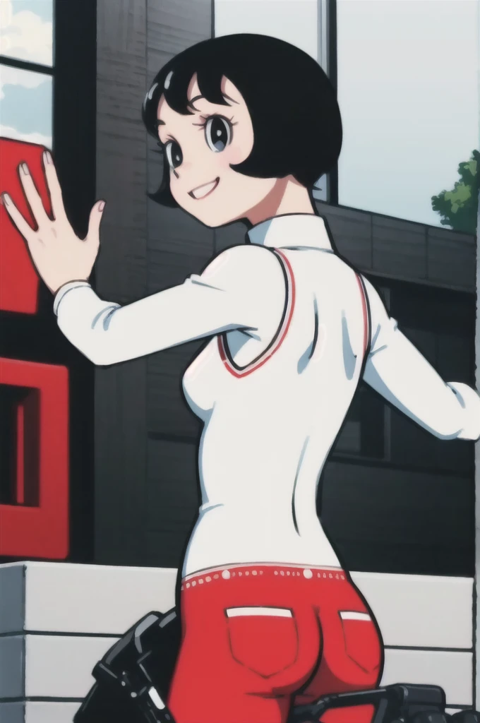 tpshiraki,red_and_white_cycling_uniform,looking_at_viewer,black eyes,smile,retro artstyle,short hair,bob cut,1girl,solo, full body, from behind, medium sized ass,