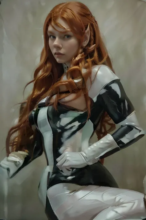 ((best quality)), ((masterpiece)), (detailed), 1girl, a long haired ginger superhero wearing a black uniform with white details. Shes also wearing white gloves and white boots