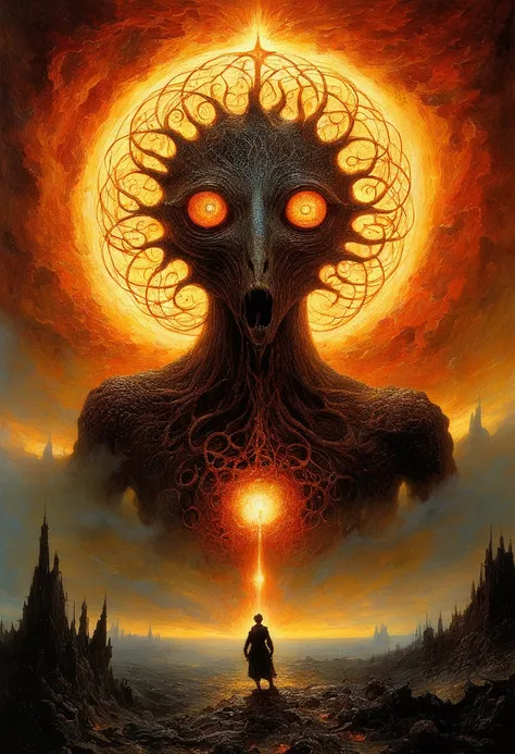 Mythical creatures, author： Dzislaw Beksinski and Vincent van Gogh, The Final Battle、universe、Azathoth、 black hole swallowing stars、world tree、Giant Eyes、Burning Dead 、hatred