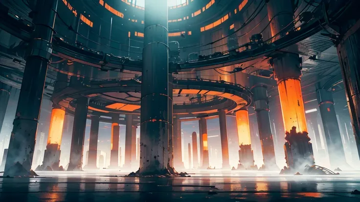 multiple cylindrical vats filled with orange nutrient liquid, eerie atmosphere, complex machinery, (no people:2), vast laboratory, advanced technology, high-tech science fiction, photorealistic, 8k, detailed, cinematic lighting, moody color palette, dramat...