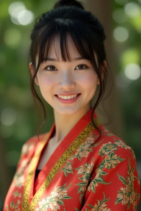 

A beaming Japanese woman, 18 years old. front portrait color photo. Looking at the camera. She has bangs. Traditional dayak clothes. --ar 9:16 --style raw --stylize 60 --v 6.1
