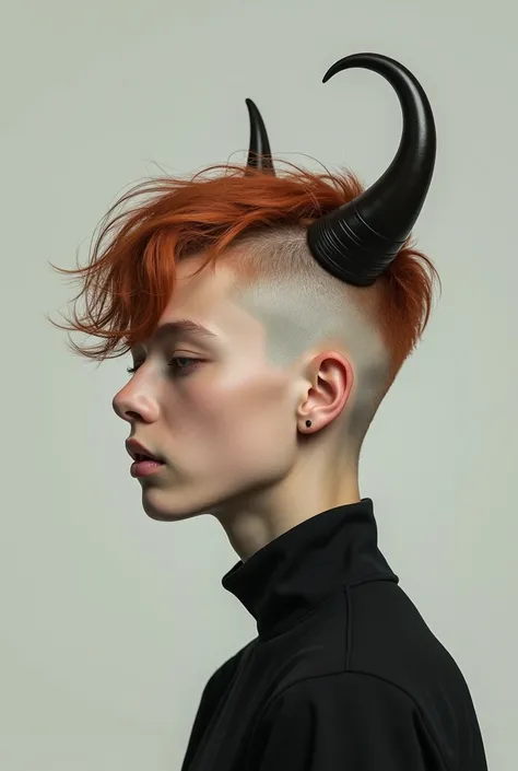 A teenager,  with half the head with hair and the other half cut,  with one horn on the side of the head , slightly reddish hair  