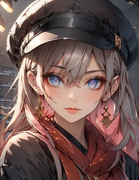  woman wearing a black cap hat and jacket, The letters （888）There is a logo of。The logo is embroidered in gold。Kotake Yoshinori 。 opens a jacket ,   showing her wearing shorts , extremely detailed anime style girl , Portrait of an attractive girl ,  detail...