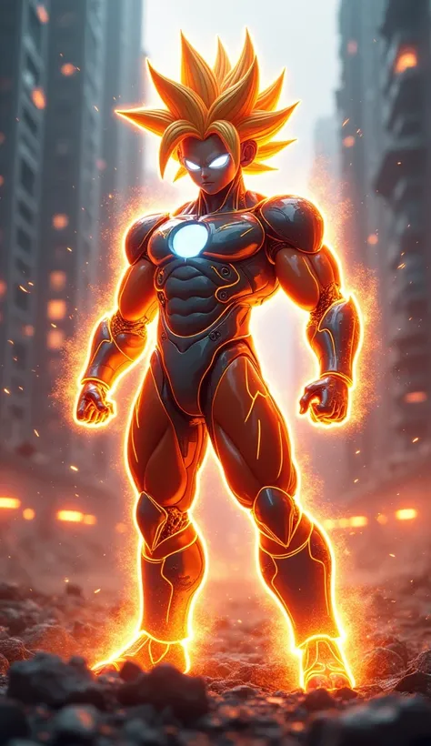 **"Stunning, hyper-realistic CGI render of a legendary cybernetic warrior, seamlessly merging Super Saiyan powers with advanced technological enhancements. This iconic transformation takes his combat prowess to unimaginable levels, as his body pulses with ...